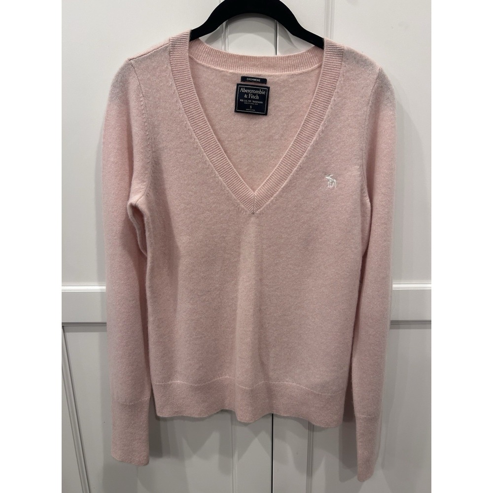 Abercrombie & Fitch Pink Cashmere V-Neck Pullover Sweater Moose Logo S